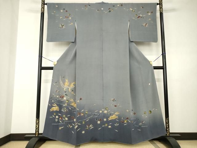 平和屋着物●青山みとも　東京友禅　久呂田明功　訪問着　辻が花　兎花文　鬼しぼ縮緬　正絹　逸品　AABJ3150ck