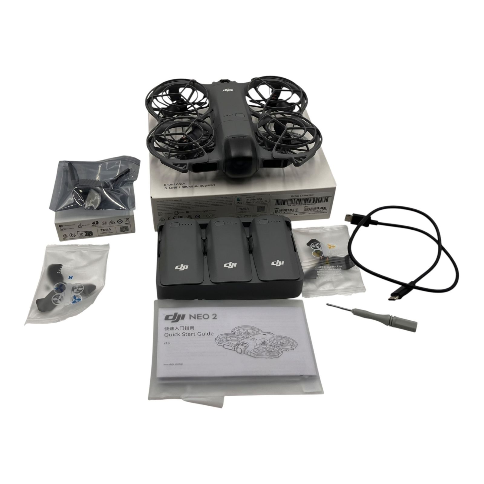 ■DJI NEO 2 ドローン 本体 バッテリー3本 充電ハブ USB-Cケーブル 予備プロペラ付 クイックスタートガイド付 動作確認済み2577920,2577920