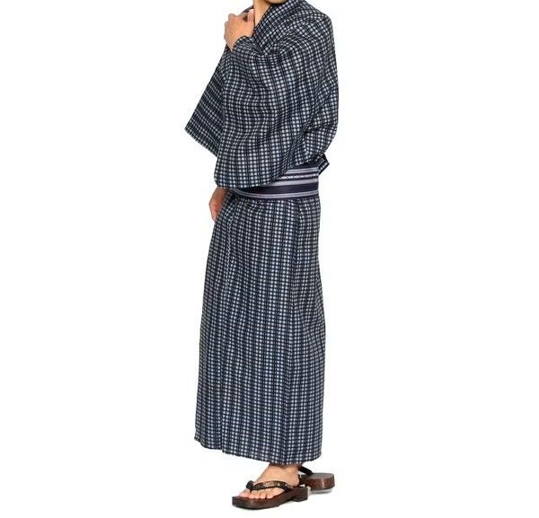 メンズ浴衣 フルセット 格子柄 身長目安170cm・175cm・180cm　Lサイズ　f-04228za-id-f-04227 ブラック 整備済みアウトレット品 [良い(B)]