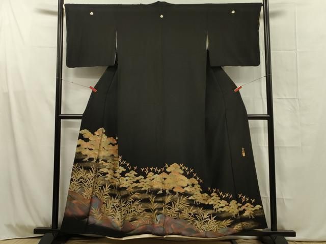平和屋着物□豪華黒留袖 作家物 飛鶴風景花松文 金彩 正絹 逸品