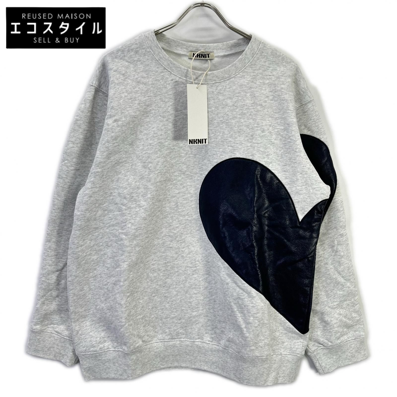 NKNIT　ンニット　24AW N24-AW502 ライトグレー×ネイビー コットン/レザー Heart Pattern Pullover Sweat　0