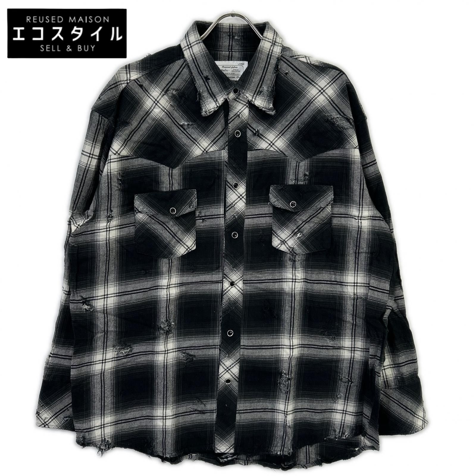 Rafu　ラフ　Rafu002-23-01 23SS ブラック Western shirt ダメージ加工長袖シャツ　L