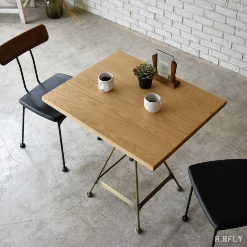 カフェテーブル 2人用 幅75cm アッシュ無垢材 真鍮ゴールド脚 ダイニングテーブル コンパクト ヴィンテージ アンティーク レトロ 天然木 オイル塗装 店舗 食卓 【tr_103】