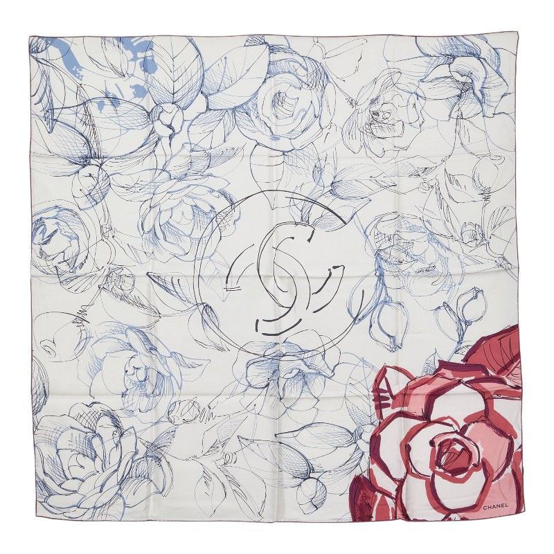 シャネル ココマーク カメリア フラワー 花柄 スカーフ ホワイト マルチカラー シルク レディース CHANEL【228-73500】