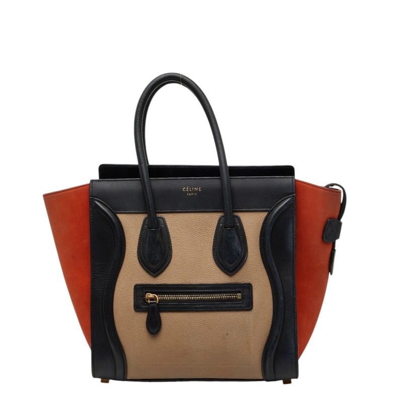 セリーヌ ラゲージ マイクロショッパー ハンドバッグ トートバッグ ベージュ ブラック オレンジ レザー レディース CELINE【1-0273997】
