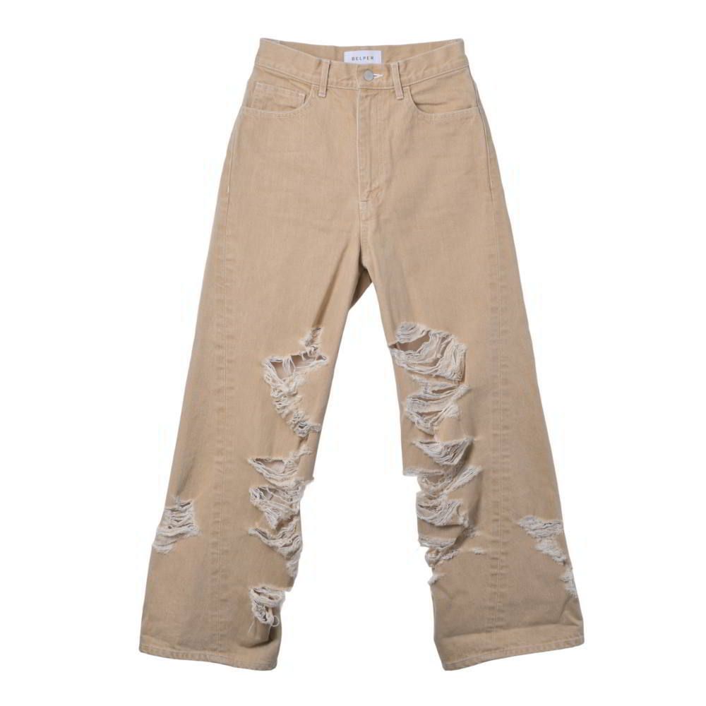 BELPER ツイスト ダメージ ワイド デニム パンツ