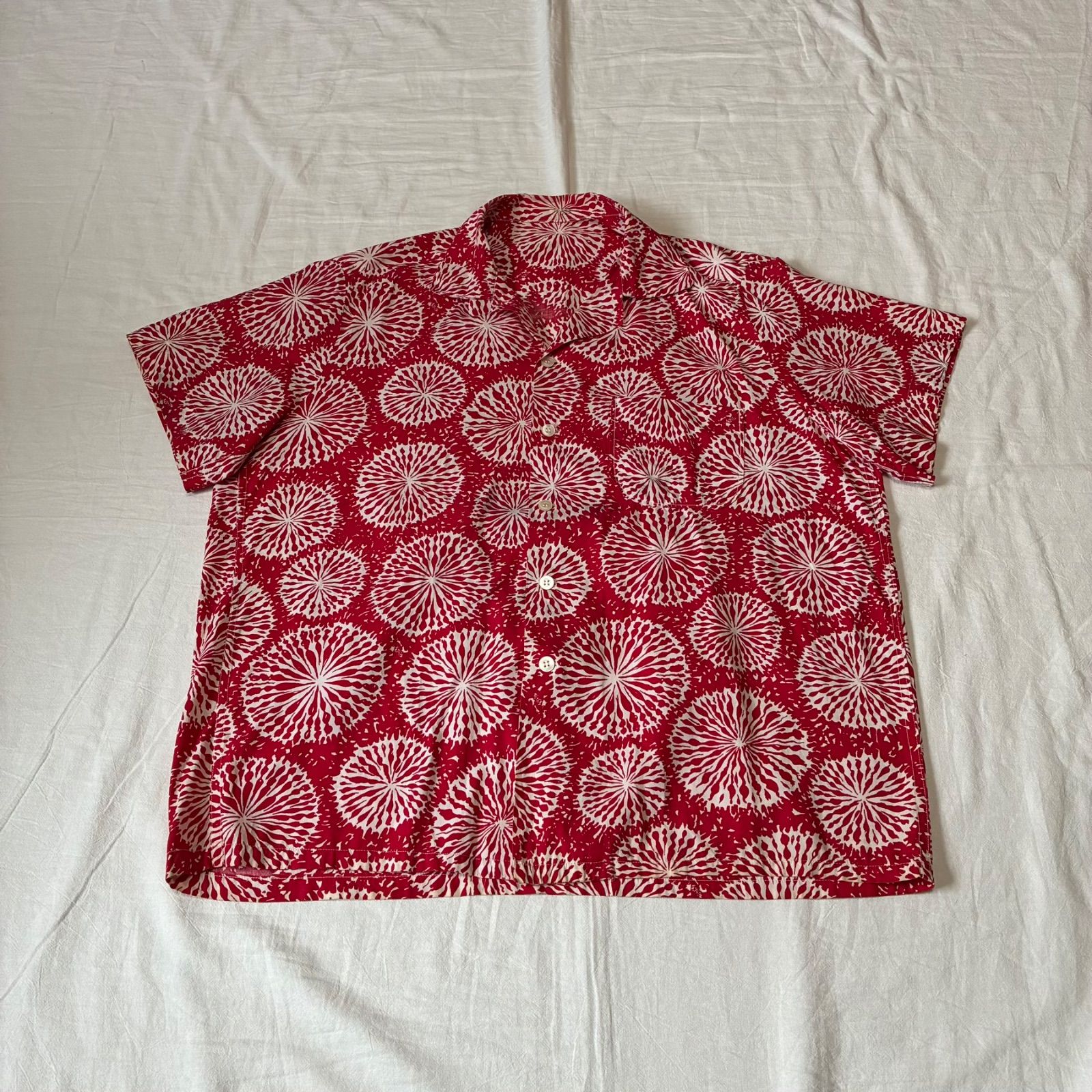 50s〜 unknown アロハシャツ オープンカラー 花火柄 花柄 コットン レッド