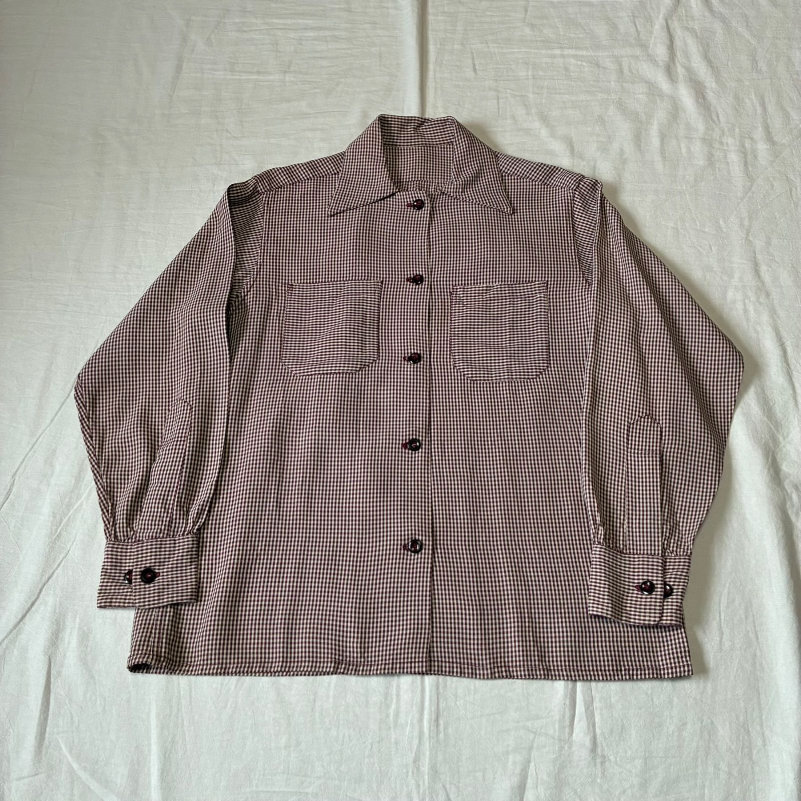 40s〜 unknown 長袖シャツ レーヨン ギンガムチェック ボルドー