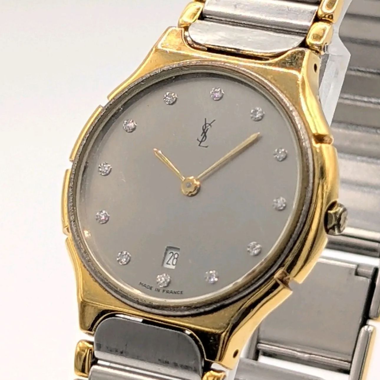 Yves Saint Laurent 04359 Watch QZ Ladies Gold Silver Combi Y2K 00S Date サンローラン 時計 クオーツ レディース ゴールド シルバー コンビ ヴィンテージ デイト 稼働品