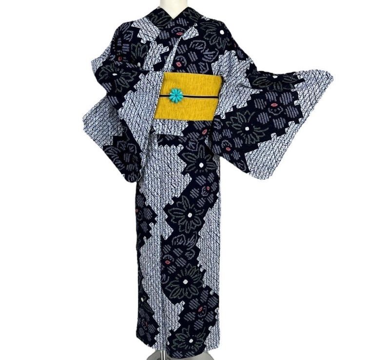 有松鳴海絞り 浴衣 幅広サイズ 花文様 ゆかた 美品 02058 - メルカリ