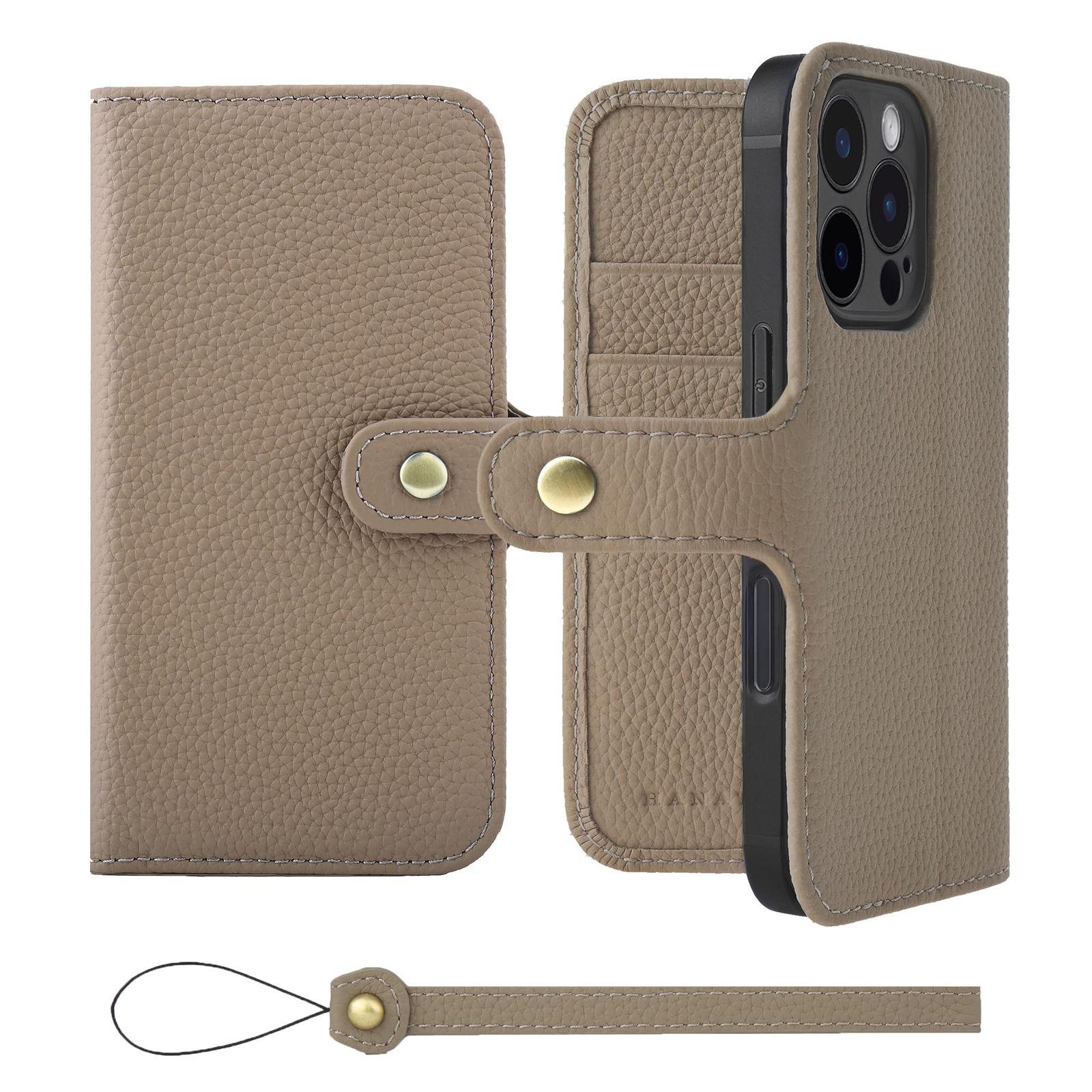 特価商品 HANATORA for iPhone 16Pro ケース 手帳型 本革 スマホケース スマホ スタンド ストラップ 付き シュリンクカーフレザー ベルトあり マグネットなし グレージュ H0XB-16Pro-Grege ギフト 誕生日 女性 男性