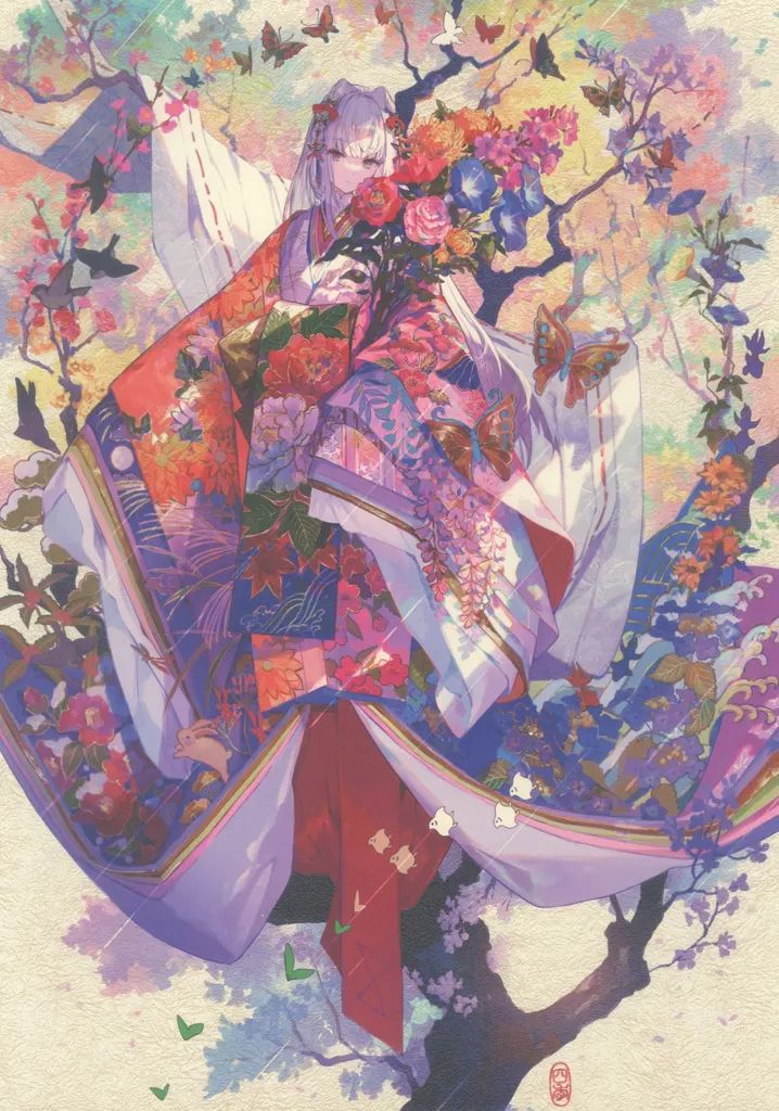 中古】紙製品 四季織りの着物(藤ちょこイラスト) 特殊印刷アート(B4