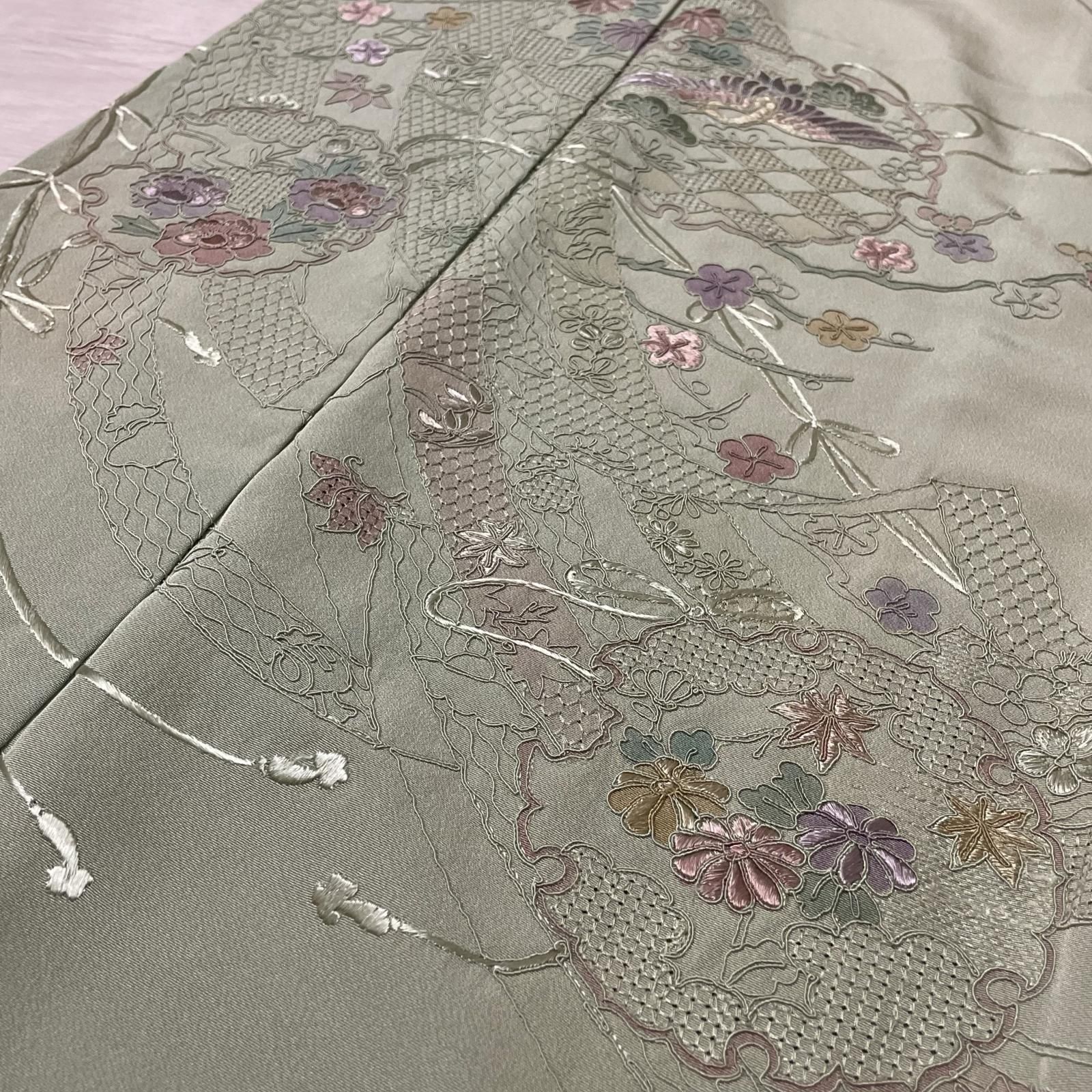 汕頭刺繍 蘇州刺繍 付下げ 雪輪 花模様に鳳凰 着物 正絹 X-2782 - メルカリ