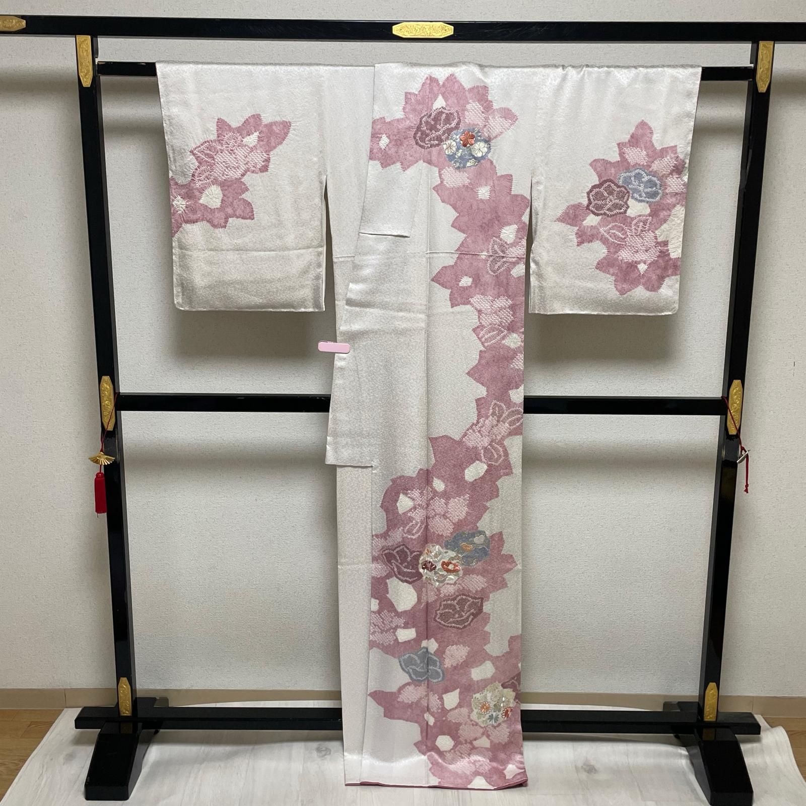 付下げ 裄66 トールサイズ 絞りに刺繍の花模様 着物 正絹 RK-6525 