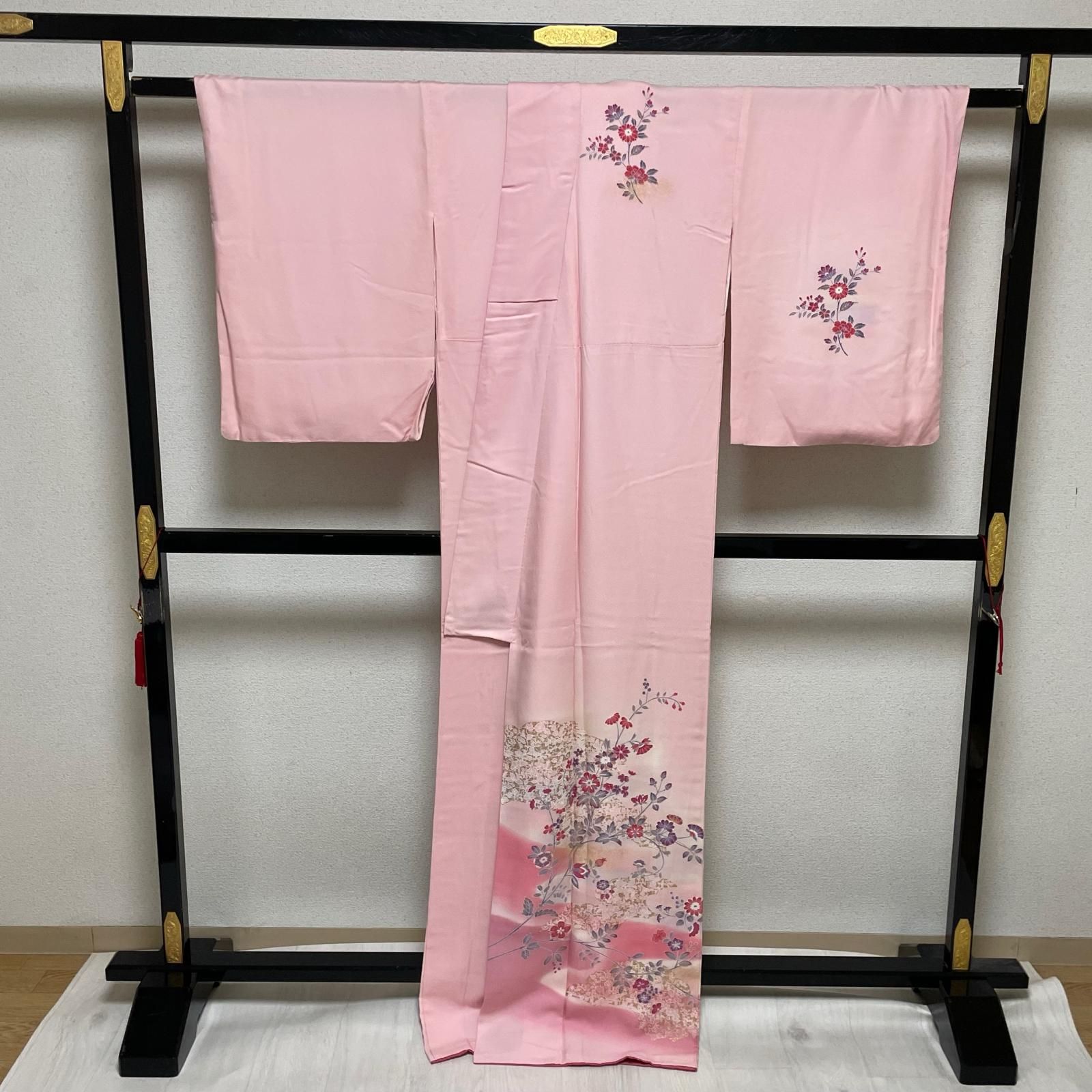 付下げ 裄69.5 トールサイズ 金彩 暈し染 美しい花模様 着物 正絹 X