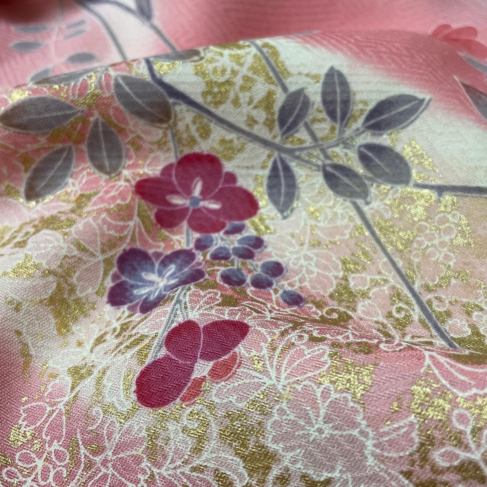 付下げ 裄69.5 トールサイズ 金彩 暈し染 美しい花模様 着物 正絹 X