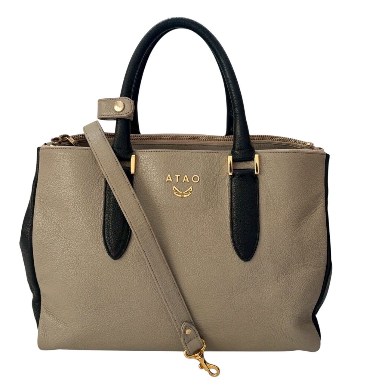 ATAO アタオ レディース 2WAY ハンドバッグ ショルダーバッグ レザー 本革 ブラック ベージュ ゴールド金具 バイカラー