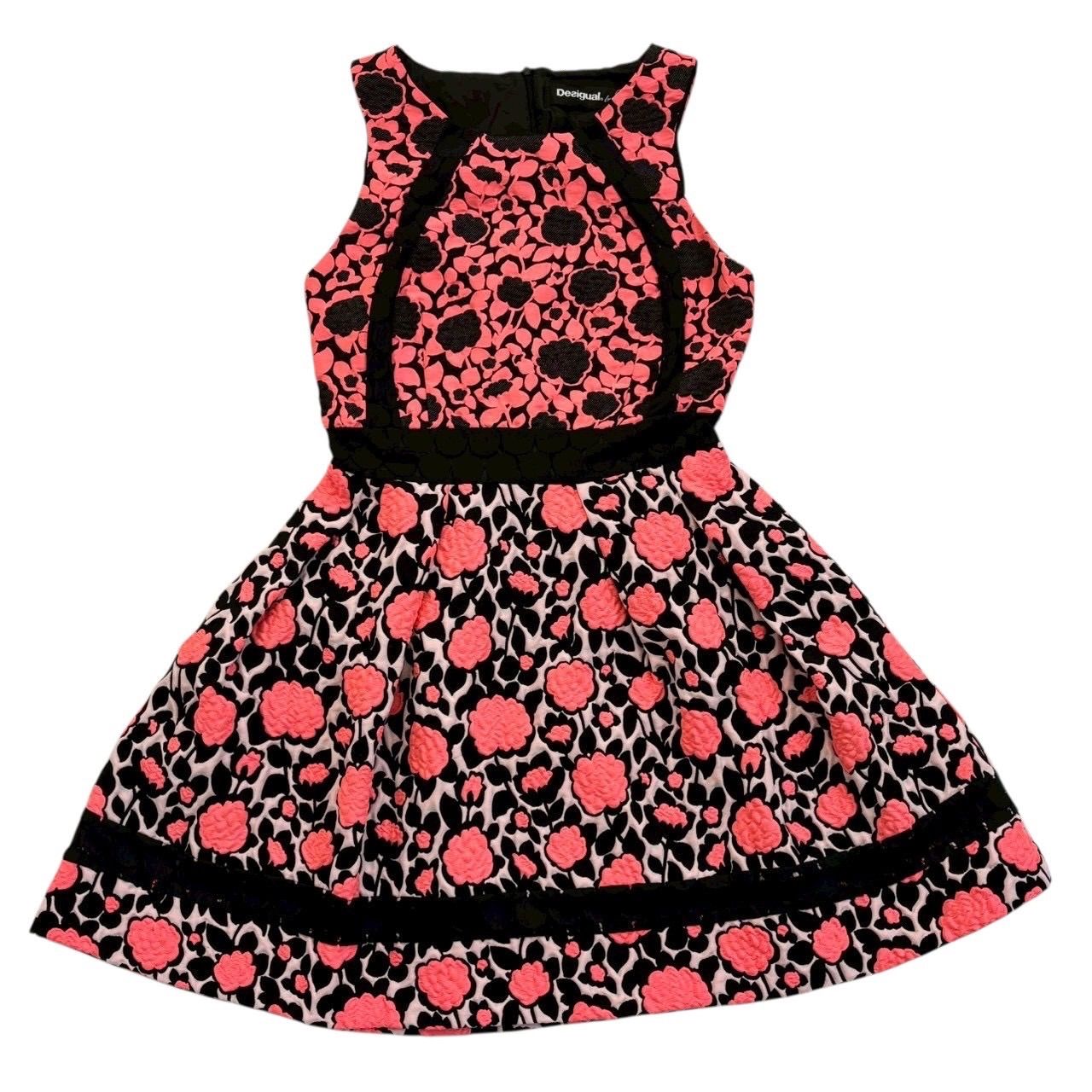 Desigual デシグアル 花柄 総柄 ワンピース レディース 40 L相当 ノースリーブ 膝丈 サーモンピンク ブラック ホワイト フラワープリント