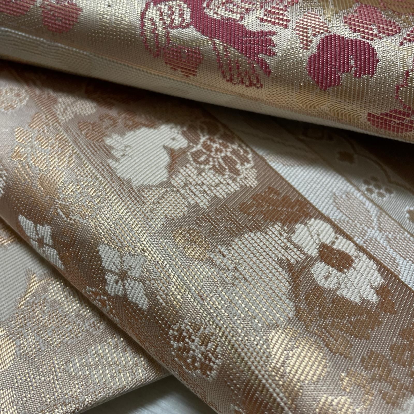 開き名古屋帯 花うさぎ 花模様に鳥 正絹 着物 X-2543