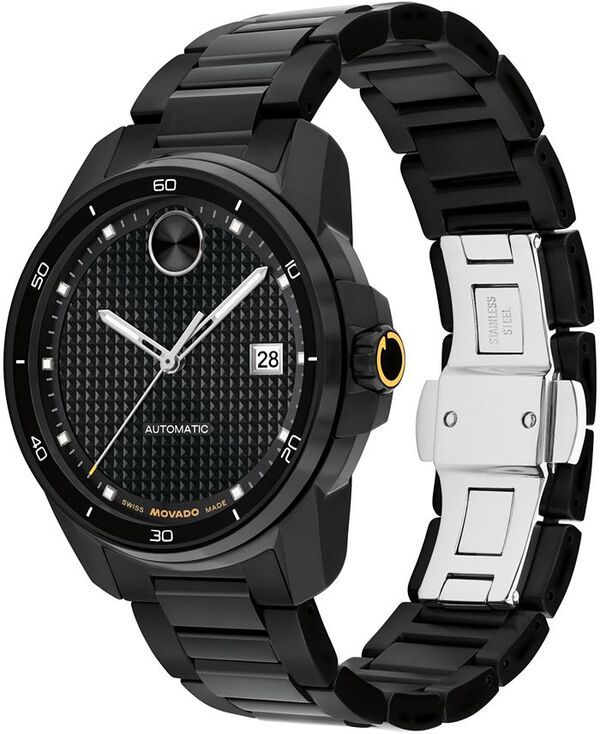 モバド メンズ アクセサリー 腕時計 Tシャツ Movado Mens Bold Verso Swiss Automatic Ionic Plated Black Steel Watch 41mm Black ブラック