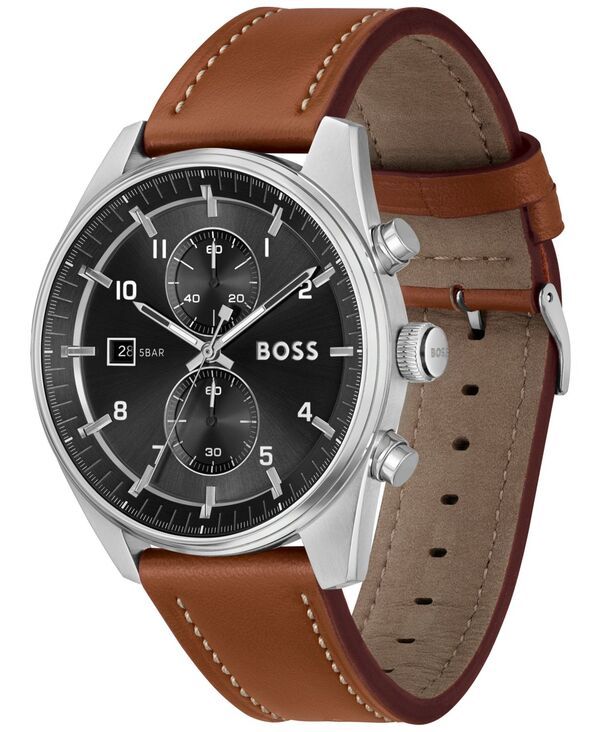 ヒューゴボス メンズ アクセサリー 腕時計 レザー Hugo Boss Mens Skytraveller Quartz Fashion Chrono Brown Leather Watch 44mm Brown Leather ブラウン