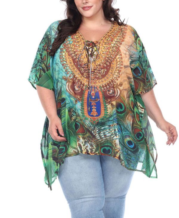 ホワイトマーク レディース トップス シャツ プラスサイズ White Mark Plus Size Short Caftan with TieUp Neckline Green グリーン