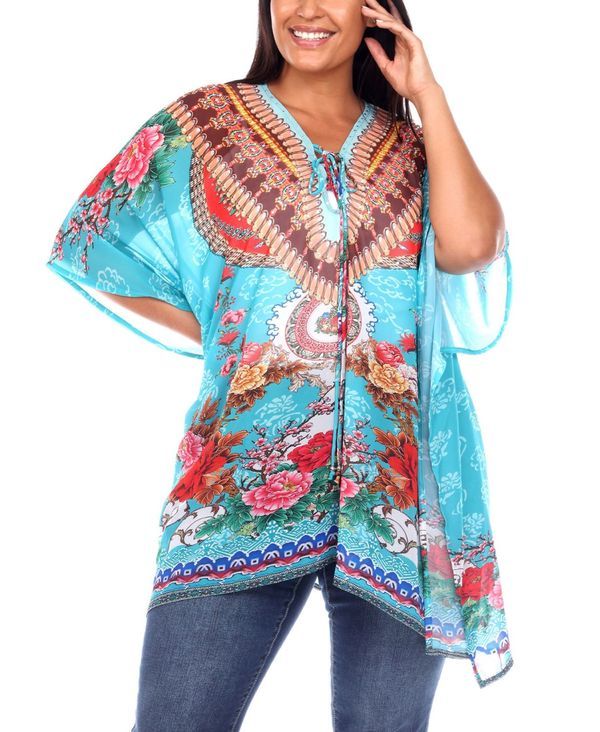 ホワイトマーク レディース トップス シャツ プラスサイズ White Mark Plus Size Short Caftan with TieUp Neckline Aqua アクア