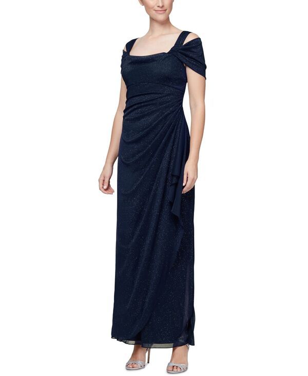 アレックスイブニングス レディース トップス ワンピース ドレープ トール Alex Evenings Alex s ColdShoulder Draped Metallic Gown 4P18 Dark Navy ネイビー