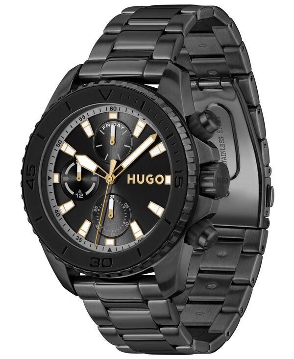 ヒューゴボス メンズ アクセサリー 腕時計 Tシャツ Hugo Boss Mens Dive Quartz Multifunction Ionic Plated Black Steel Watch 44mm Black ブラック