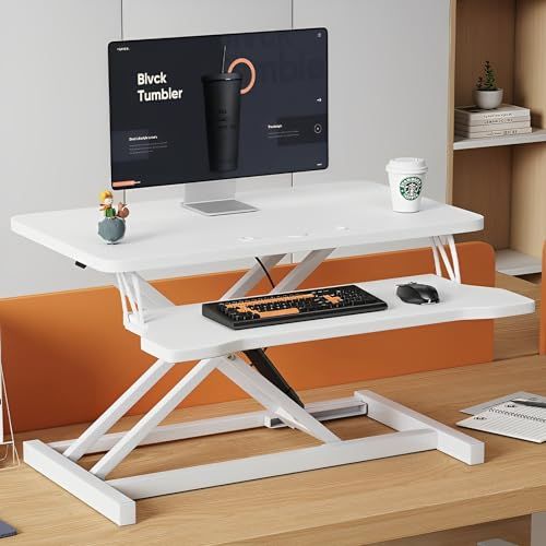 スタンディングデスク 卓上 SHUWEI 天板幅90CM ガス圧昇降式 高さ15?48CM キーボードトレイ付き 耐荷重20kg オフィスワークテーブル 座り過ぎ解消 在宅勤務 モデルSW-004L ホワイトｍａ