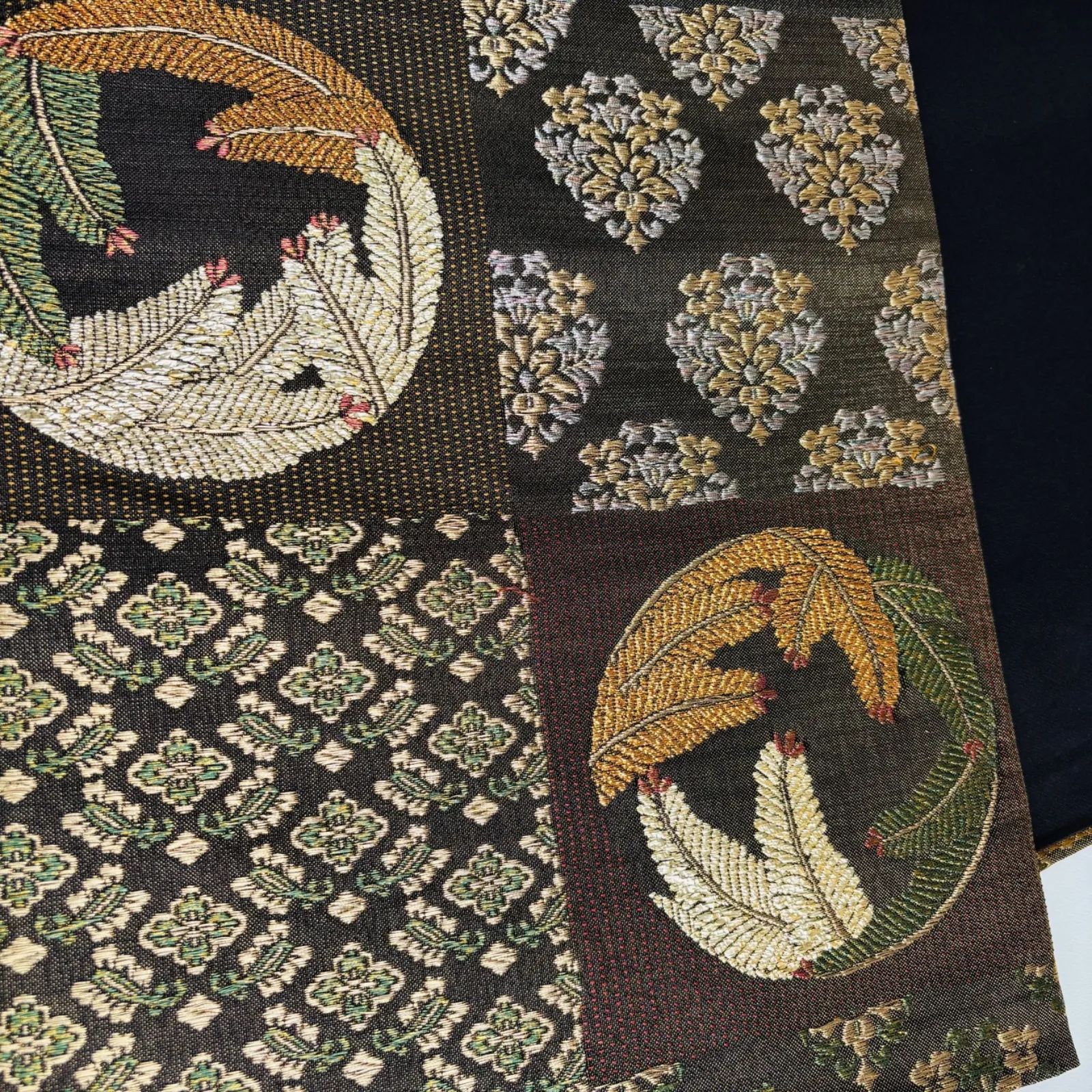 未使用 袋帯 正絹 こげ茶 丸文 鶴 草花 古典柄 フォーマル 訪問着 留袖
