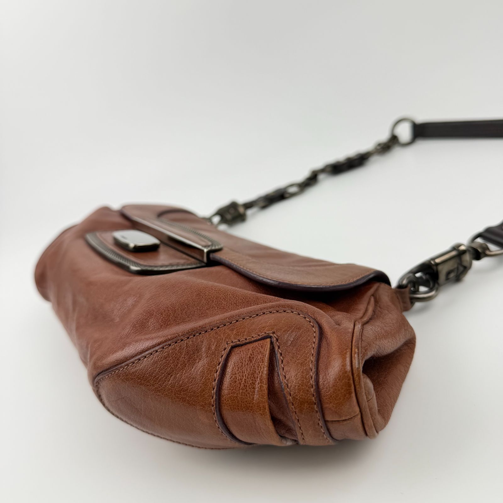 中古】PRADA プラダ チェーンショルダーバッグ レザー ブラウン 金具 
