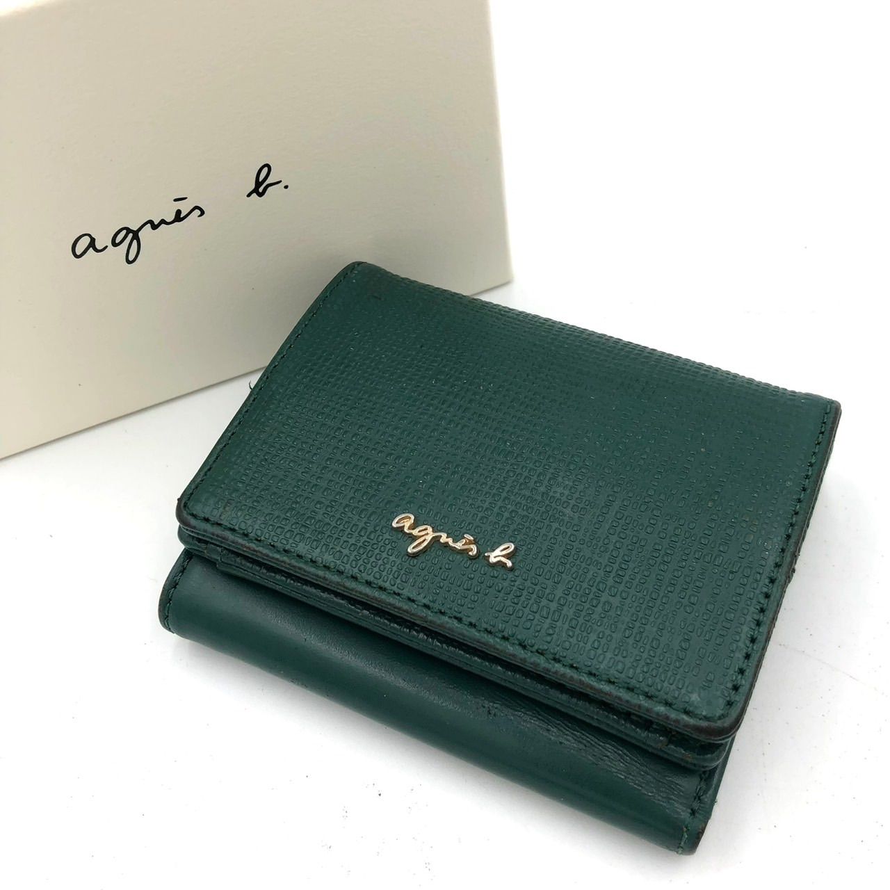アニエスベー 三つ折り財布 がま口 黒 レザー コンパクト ミニウォレット