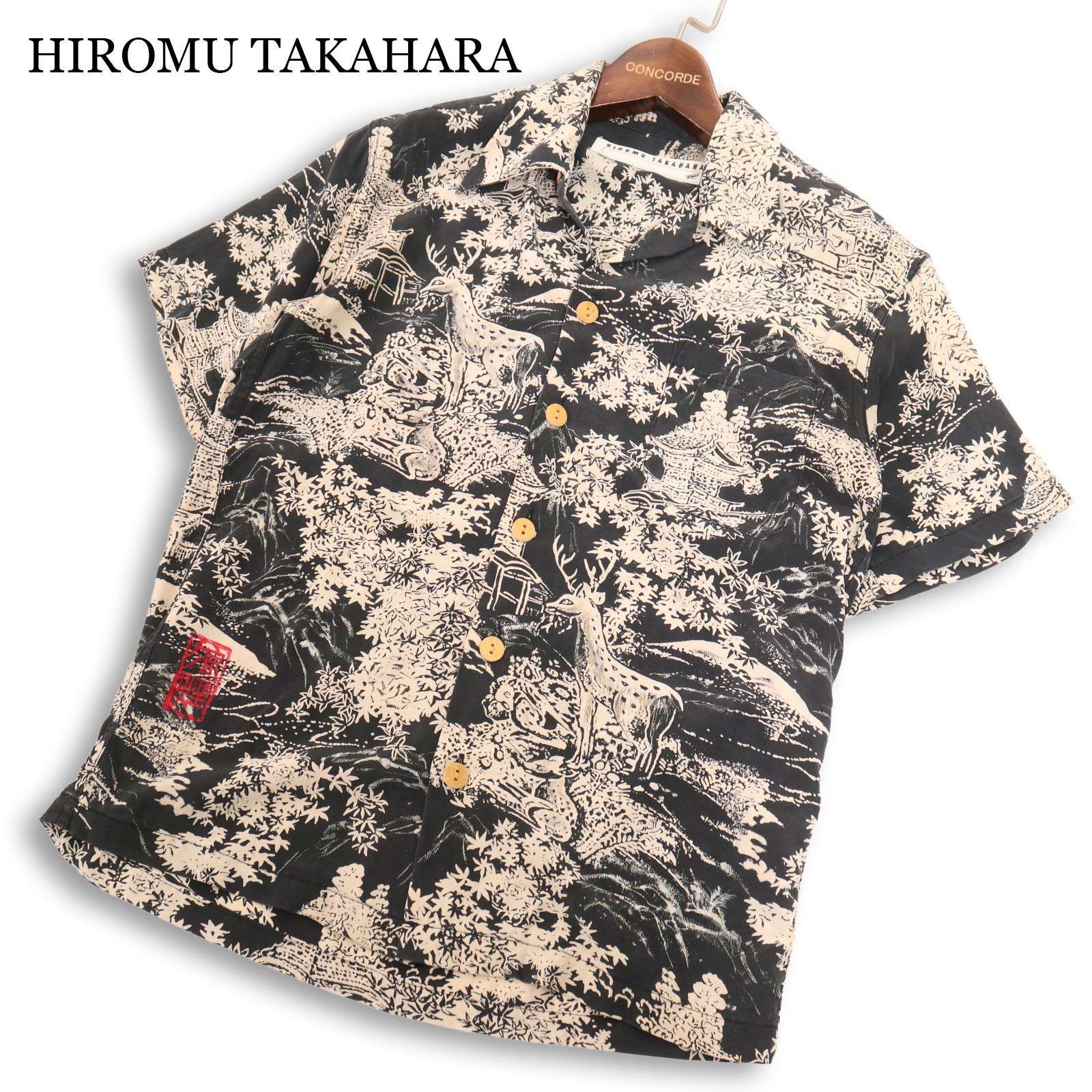 希少! 初期★ Roen ロエン HIROMU TAKAHARA ヒロム タカハラ シルク100%★ 半袖 日本画 総柄 アロハ シャツ Sz.2 メンズ 希少! 初期☆ Roen ロエン HIROMU TAKAHARA ヒロム タカハラ シルク100