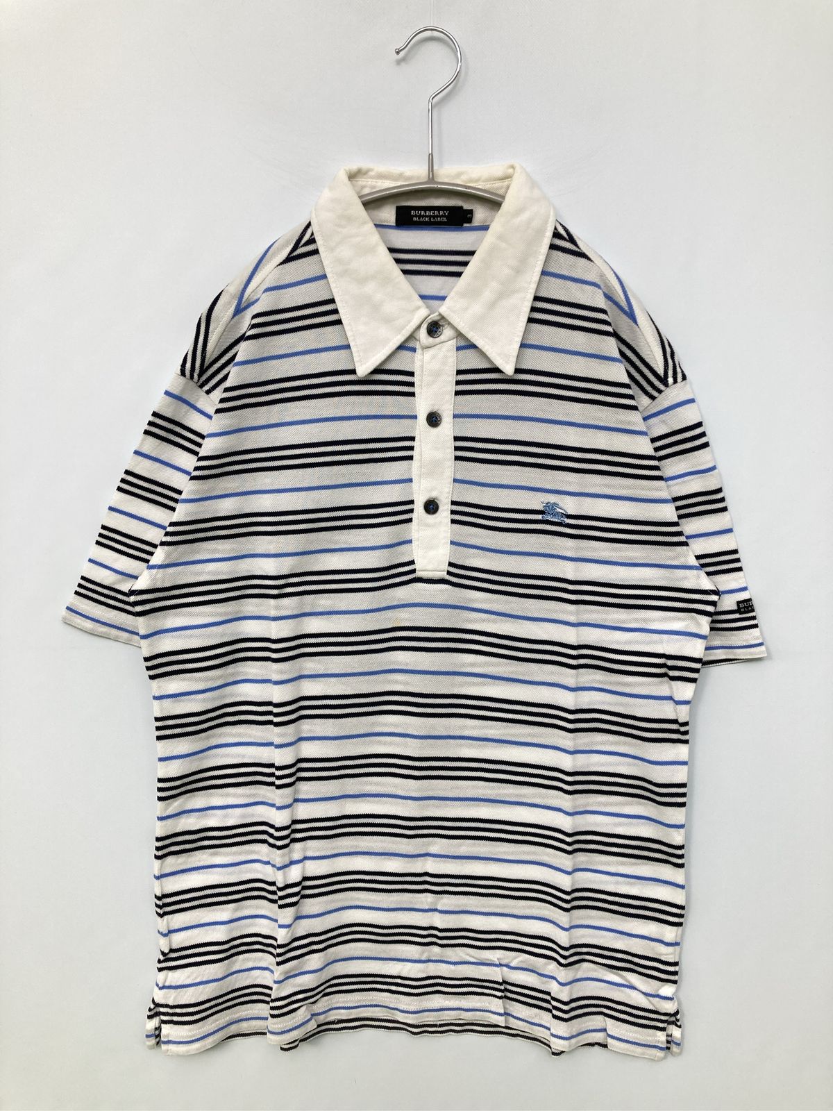 BURBERRY BLACK LABEL バーバリーブラックレーベル ポロシャツ 3 ホワイト ボーダー柄 ワンポイント ブランドロゴ 半袖 メンズ
