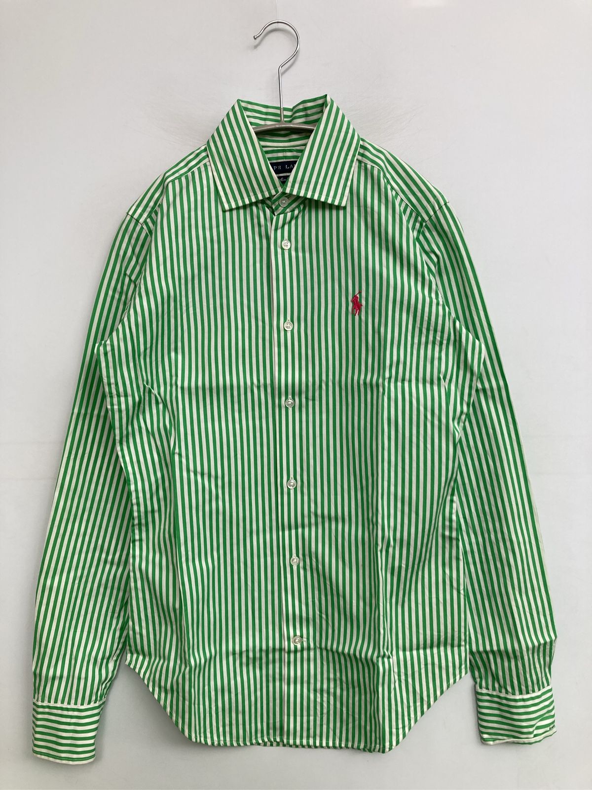 Ralph Lauren ラルフローレン シャツ/ブラウス O グリーン ストライプ柄 ワンポイント ブランドロゴ レギュラーカラー 長袖 ミドル丈 レディース