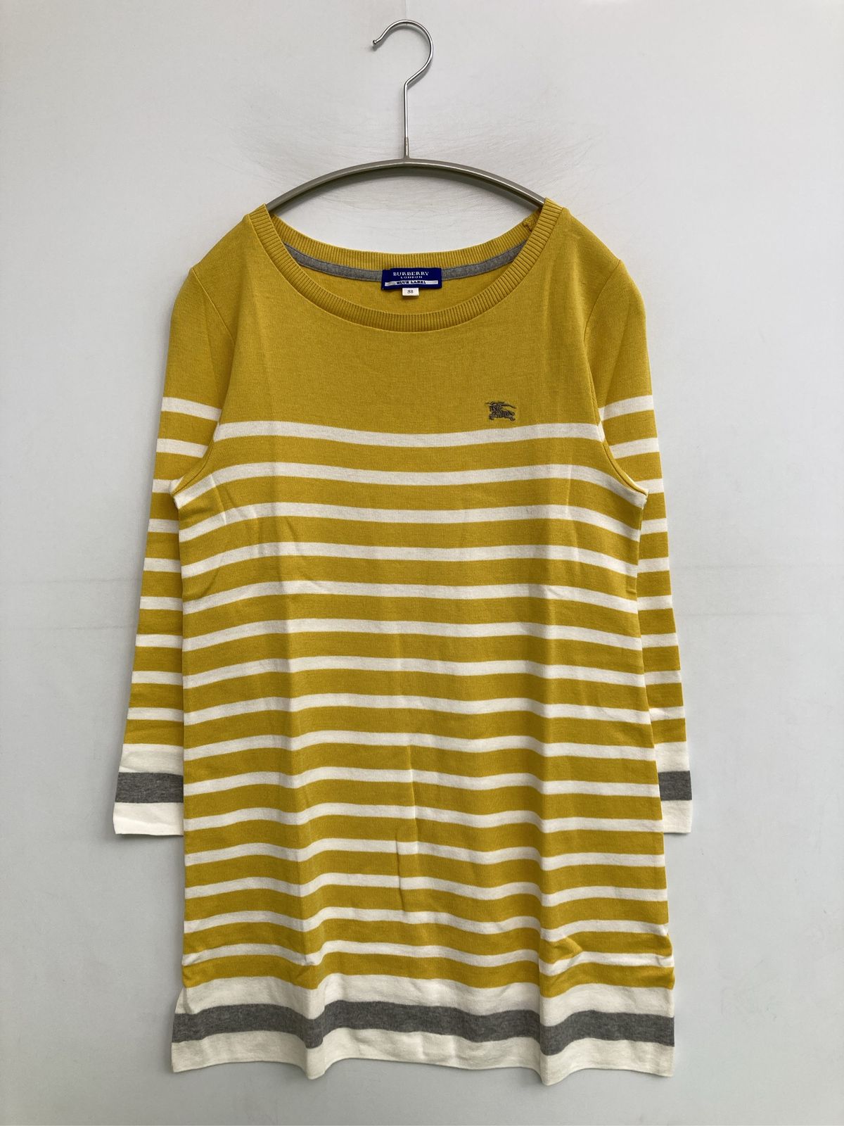 BURBERRY BLUE LABEL バーバリーブルーレーベル ニット/セーター 38 イエロー コットン ボーダー柄 ワンポイント ロング丈 半端袖 クルーネック(丸首) レディース