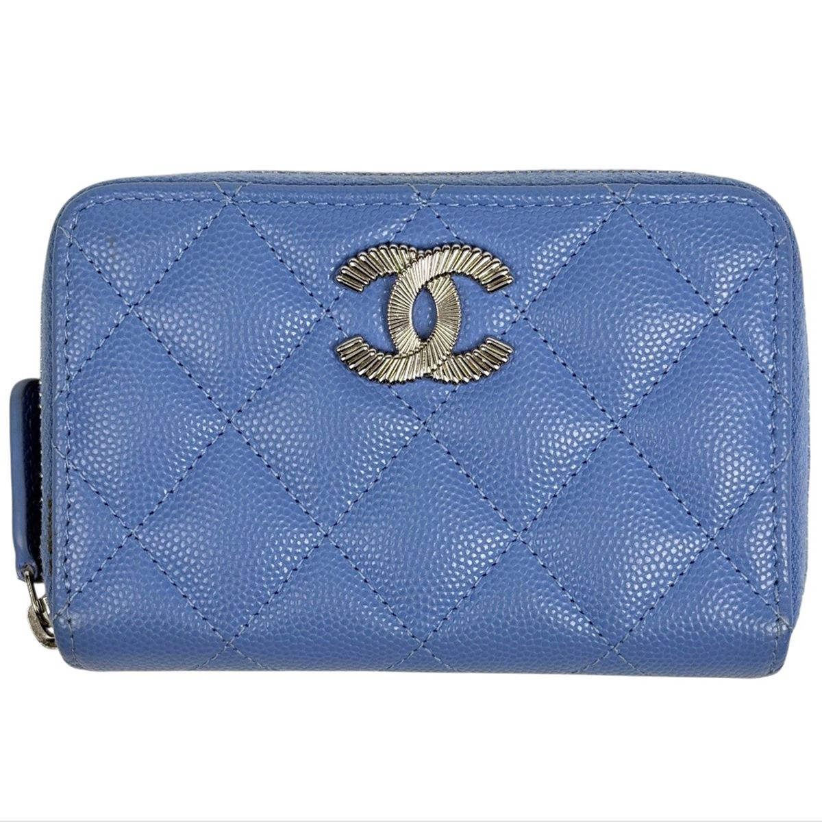シャネル CHANEL ココマーク ラウンドファスナー コインケース カードケース マトラッセ キャビアスキン ブルー レディース 【中古】
