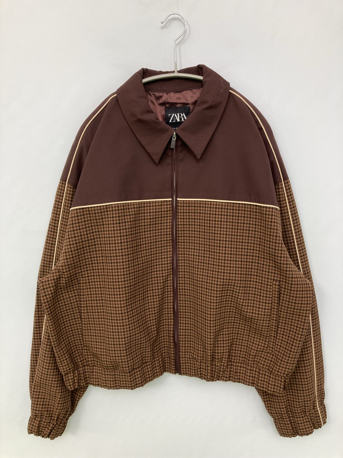 ZARA ザラ ブルゾン XL ブラウン 無地 チェック柄 ショート丈 フード 