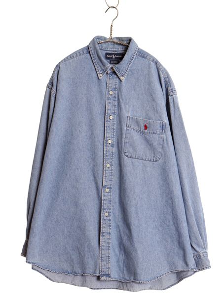 90s THE BIG SHIRT ラルフローレン ボタンダウン 長袖 デニム シャツ メンズ XL 古着 オールド ポロ 長袖シャツ ワンポイント 大きいサイズ