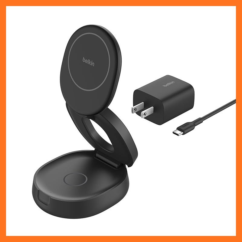 【新品】 Belkin 2 in 1 ワイヤレス MagSafe対応 iPhone17,16～12/Qi2対応スマートフォン(最大15W) AirPods/ワイヤレス イヤホン(iPhoneスタンバイモード対応 折り畳み式スタンド USB-Cケーブル付属(1.