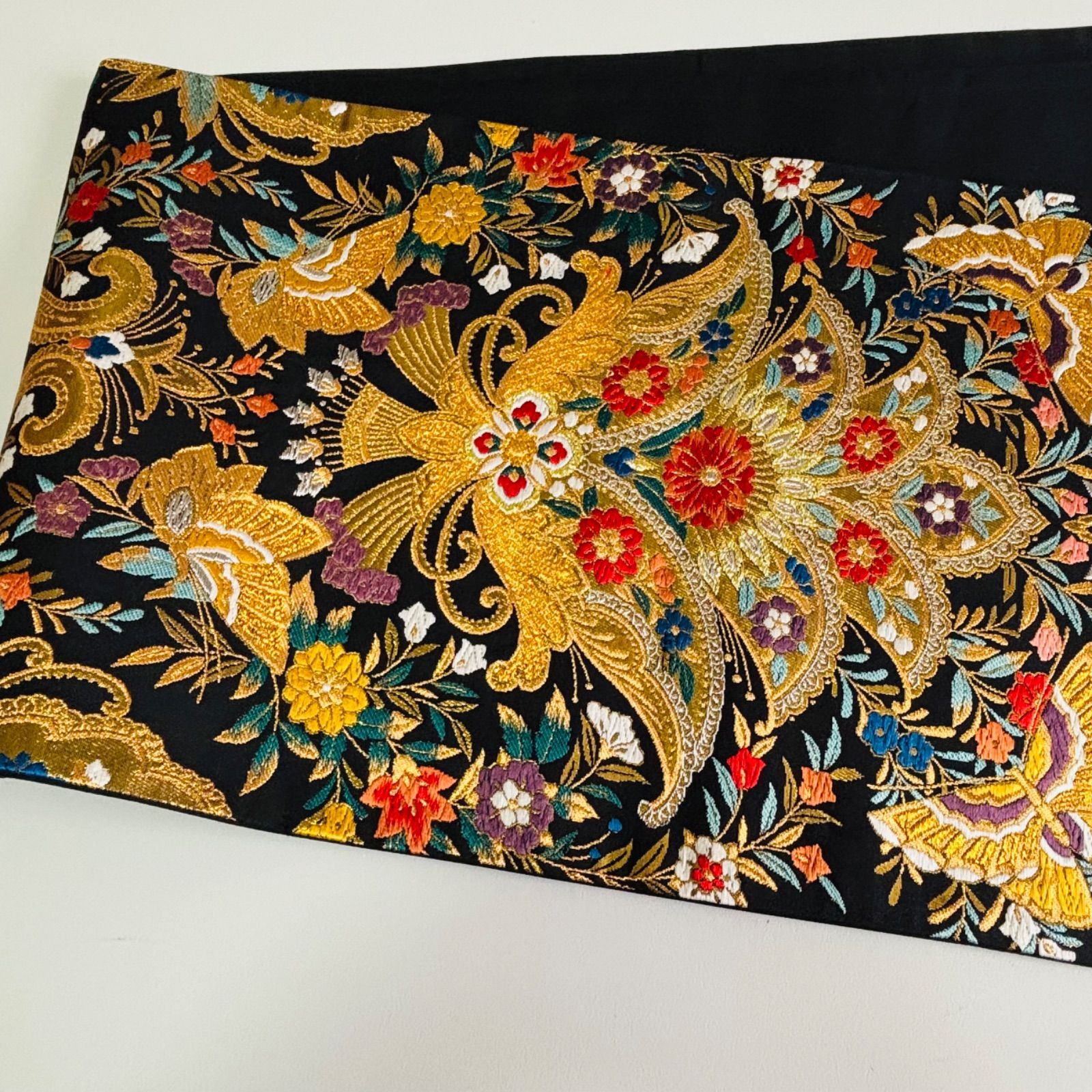 美品 袋帯 正絹 黒地 金 洋花文 フォーマル 振袖 訪問着 留袖 色無地 