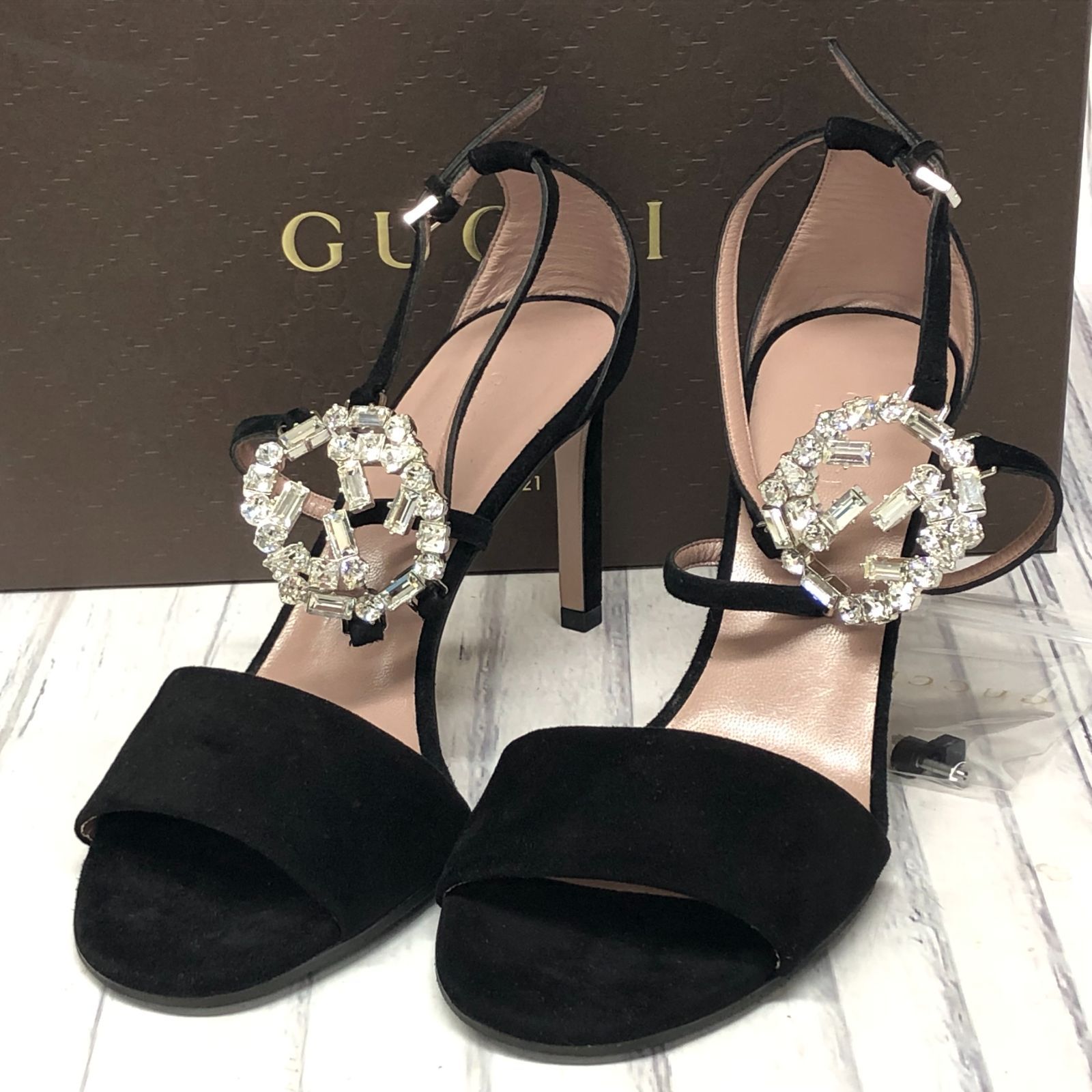 m001 X(80) 極美品 GUCCI グッチ GGスパークリング ハイヒール スエード アンクルストラップ #36 イタリア製 サンダル GG SPARKLING 2200 806000190