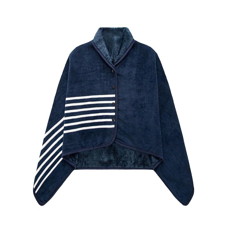 [LeafIn] Knee Blanket Half Jacket, Spring and Winter, Large, 4-Way Wearable Blanket, Shoulder Cover with Buttons, Thick, Warm Check Pattern, Stylish, Moisture-Absorbing, Thermal, Antibacterial Treatment, Static Prevention, Washable, Warm to the Touch ZH19 (Navy, M)