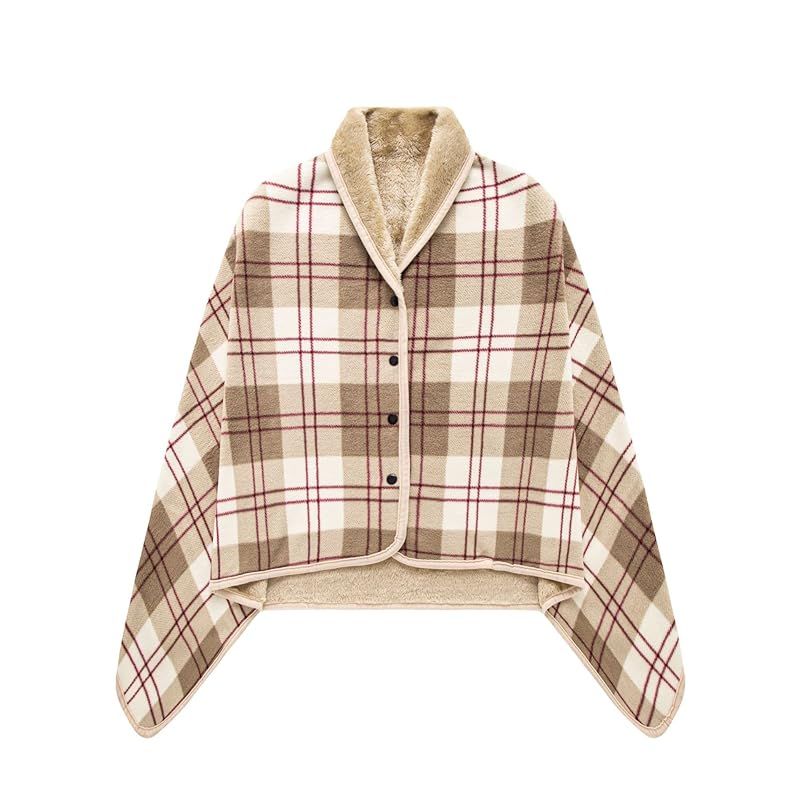 [LeafIn] Knee-Up Blanket, Half Blanket, Spring and Winter, Large, 4-Way Wearable Blanket, Shoulder Cover with Buttons, Thick, Warm Check Pattern, Stylish, Moisture-Absorbing, Thermal, Antibacterial Treatment, Static Prevention, Washable, Warm to the Touch ZH19 (Beige, M)