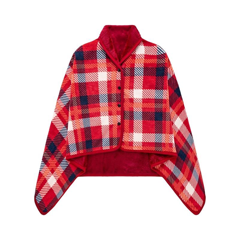 [LeafIn] Knee Blanket, Half Blanket, Spring and Winter, Large, 4-Way Wearable Blanket, Shoulder Cover, with Buttons, Thick, Warm, Check Pattern, Stylish, Moisture Absorbent, Thermal, Antibacterial Treatment, Static Prevention, Washable, Warm to the Touch ZH19 (Red, L)
