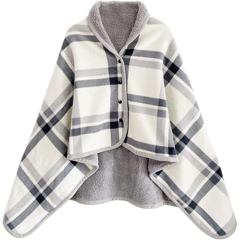 [LeafIn] Knee Blanket Half Jacket, Spring and Winter, Large, 4-Way Wearable Blanket with Shoulder Buttons, Thick, Warm Check Pattern, Stylish, Moisture Absorbent, Thermal, Antibacterial Treatment, Static Prevention, Washable, Warm to the Touch ZH19 (Gray, L)