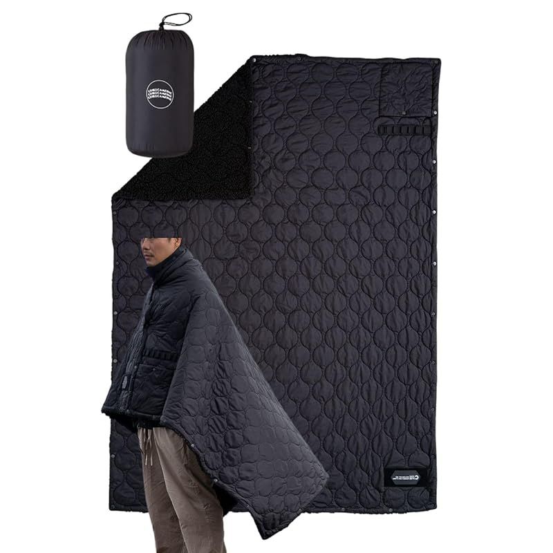 Chill Camping（チルキャンピング） キャンプ用 ブランケット 防寒 アウトドア キャンプ リバーシブル 難燃 エコダウン 車中泊 キャンプ 防災 旅行 コンパクト (ブラック, Lサイズ)