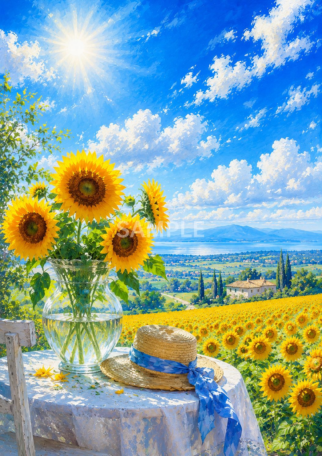 ひまわり風景画 A4サイズ 絵画風アート 青空 インテリア 夏 北欧風