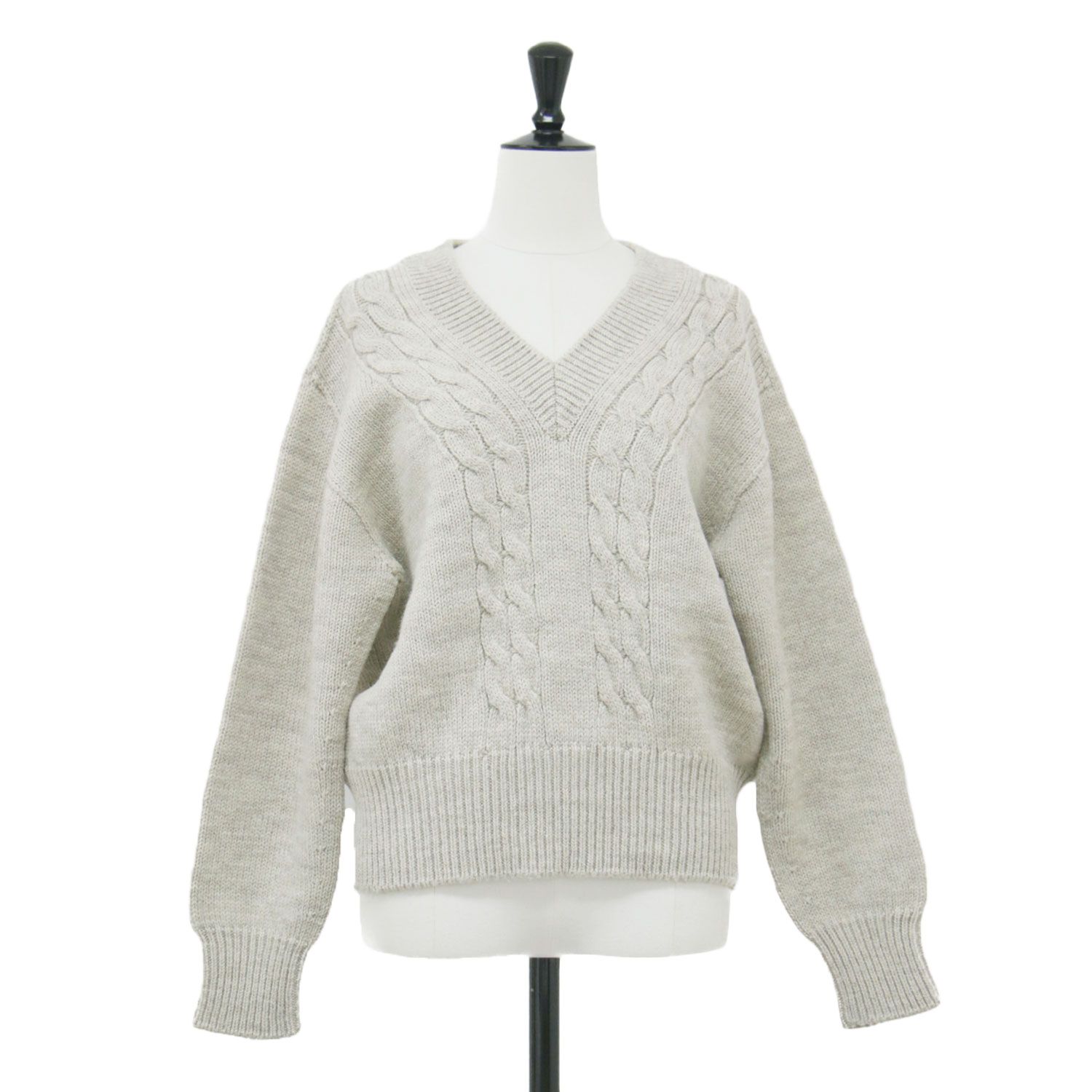 MARGARET HOWELL マーガレットハウエル 22秋冬 Vネック ケーブル プルオーバー / ANDEAN HIGHLAND WOOL ニット ドロップショルダー クロップド丈 ワイド ローゲージ ベージュ2(M)